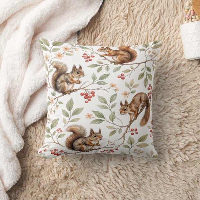 Watercolor Squirrel Pattern Throw Pillow (Blanket)