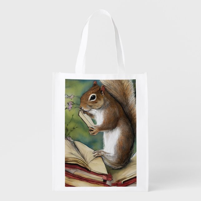Watercolor Squirrel Reading a Book Grocery Bag (Front)