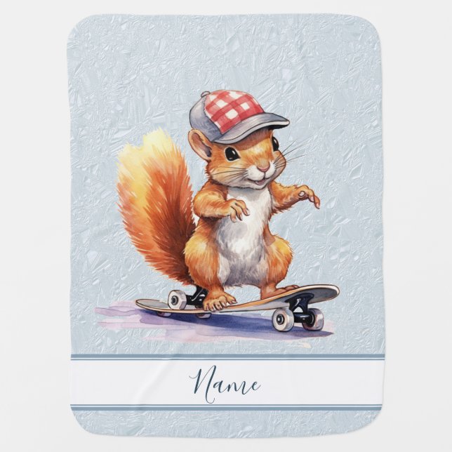  Watercolor Squirrel Skateboard Baby Blanket (Front)