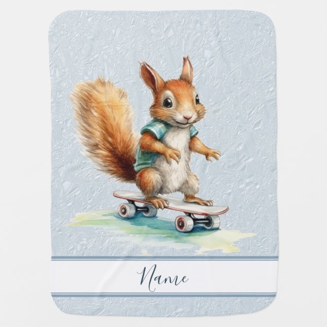  Watercolor Squirrel Skateboard Baby Blanket (Front)