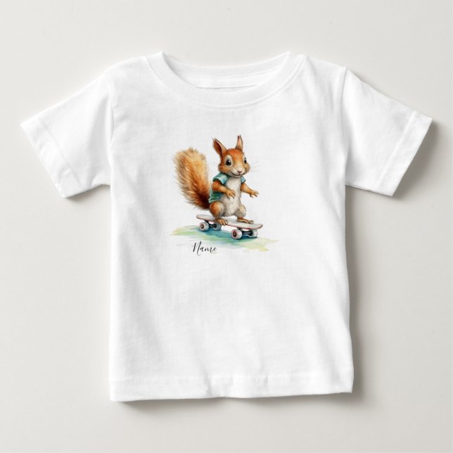 Watercolor Squirrel Skateboard Baby T-Shirt (Front)