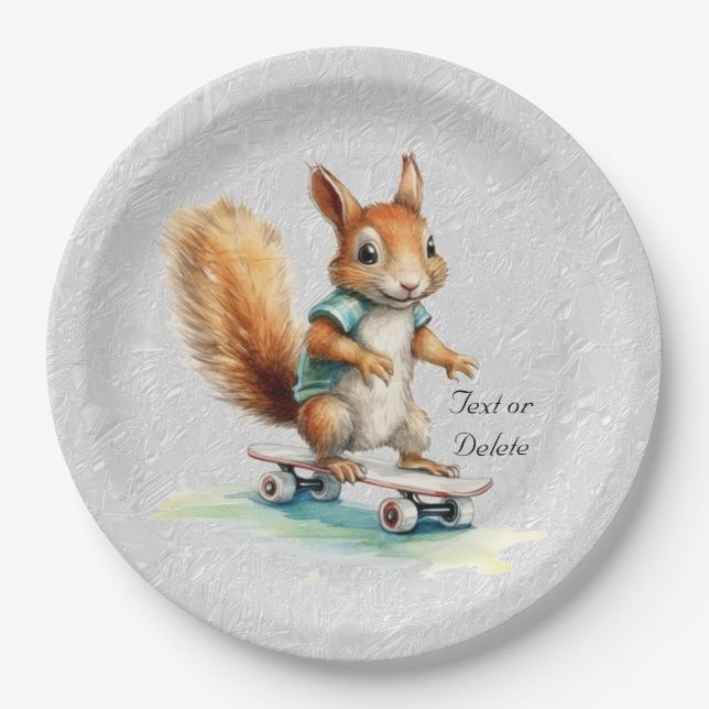 Watercolor Squirrel Skateboard Paper Plate (Front)