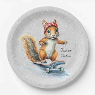 Watercolor Squirrel Skateboard Paper Plate