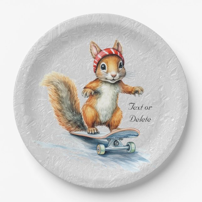 Watercolor Squirrel Skateboard Paper Plate (Front)