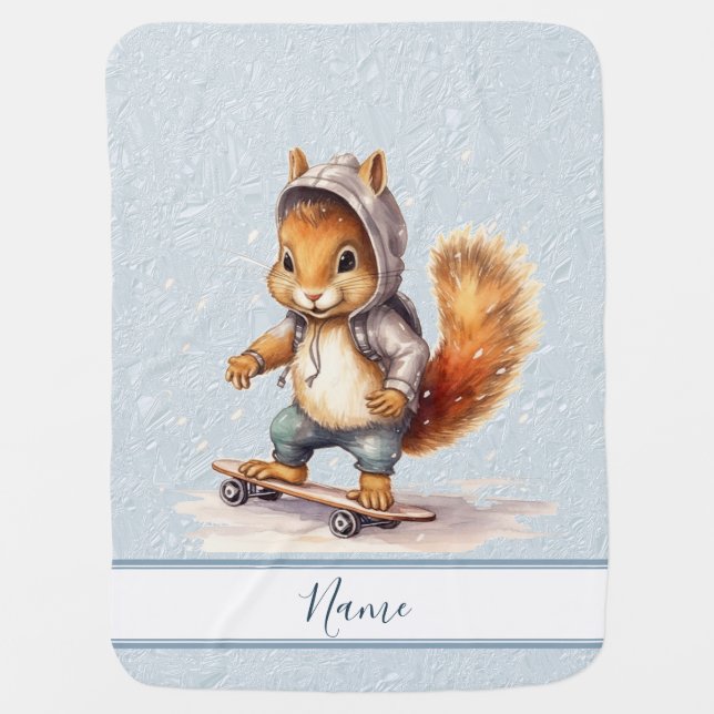  Watercolor Squirrel Snowboard Baby Blanket (Front)