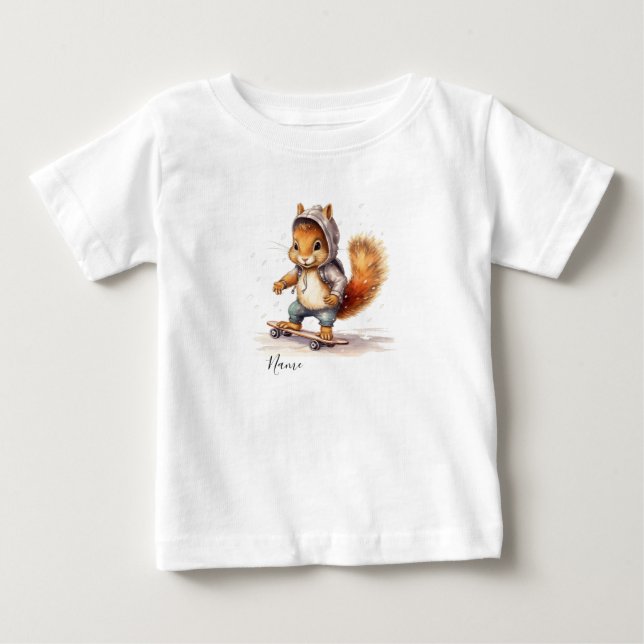  Watercolor Squirrel Snowboard Baby T-Shirt (Front)