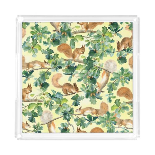 Watercolor squirrels oak seamless pattern acrylic tray
