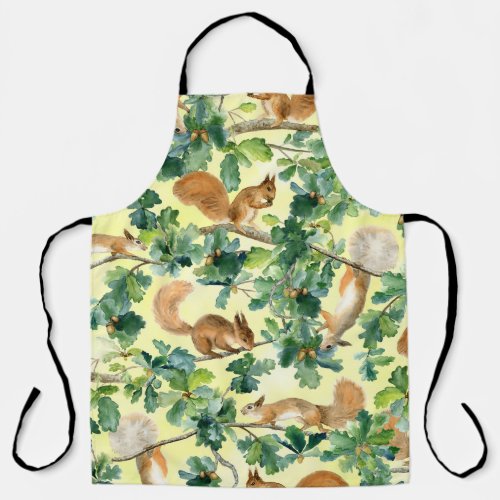 Watercolor squirrels oak seamless pattern apron