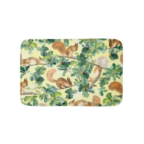 Watercolor squirrels oak seamless pattern bath mat