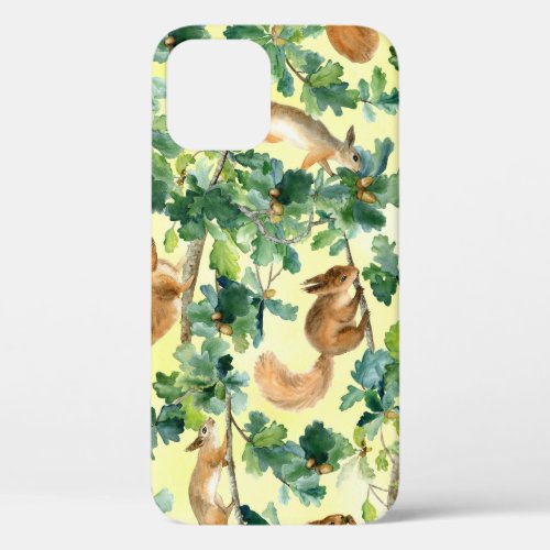 Watercolor squirrels oak seamless pattern iPhone 12 case