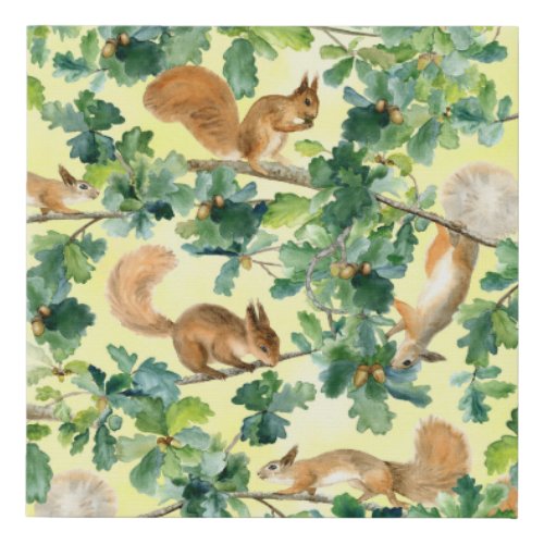 Watercolor squirrels oak seamless pattern faux canvas print