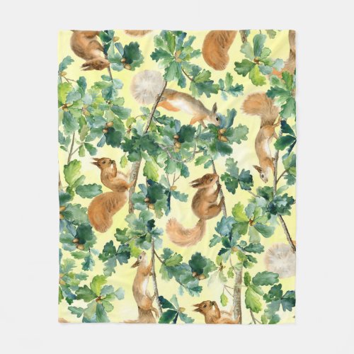 Watercolor squirrels oak seamless pattern fleece blanket