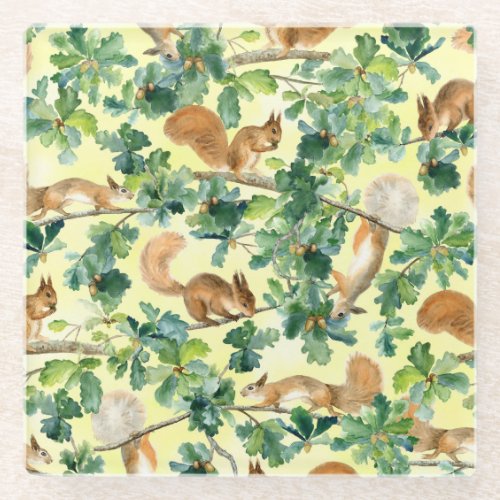 Watercolor squirrels oak seamless pattern glass coaster