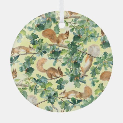 Watercolor squirrels oak seamless pattern glass ornament