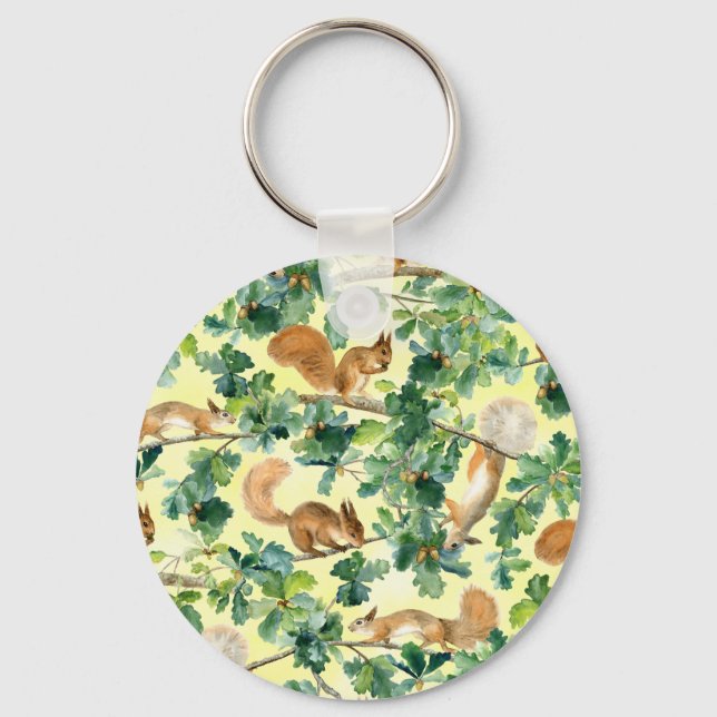 Watercolor squirrels, oak seamless pattern. keychain (Front)
