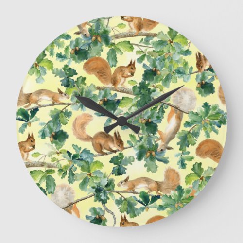 Watercolor squirrels oak seamless pattern large clock
