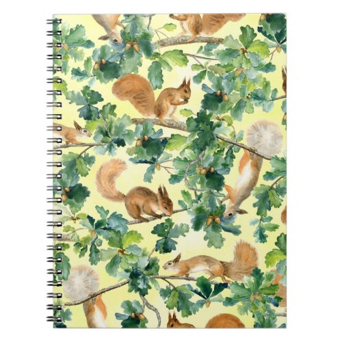 Watercolor squirrels oak seamless pattern notebook