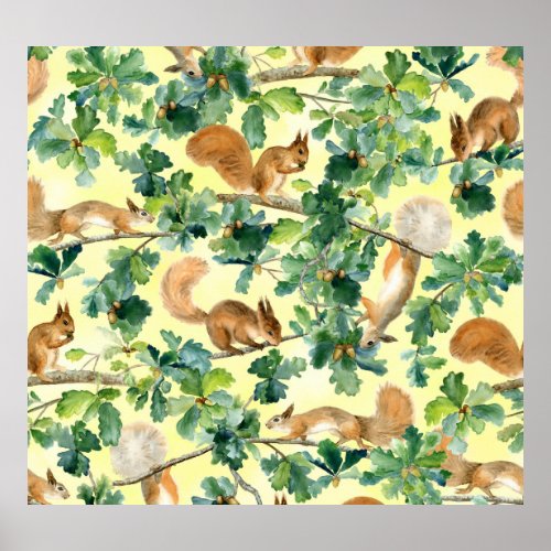 Watercolor squirrels oak seamless pattern poster
