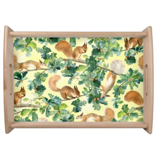 Watercolor squirrels oak seamless pattern serving tray