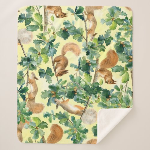 Watercolor squirrels oak seamless pattern sherpa blanket