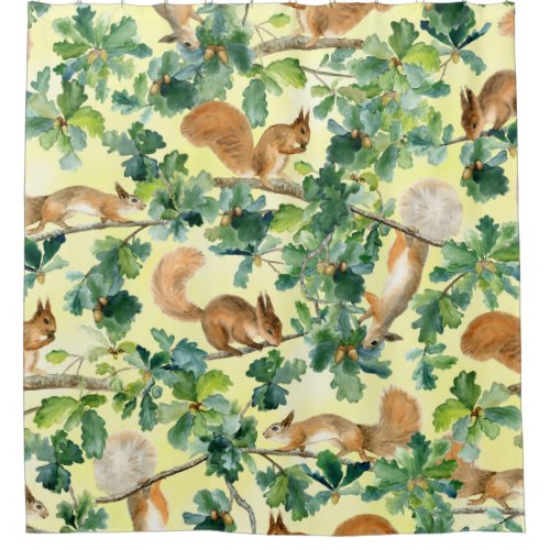 Watercolor squirrels oak seamless pattern shower curtain