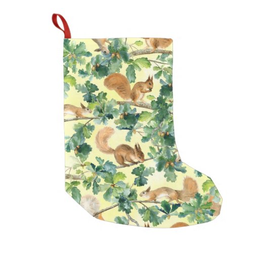 Watercolor squirrels oak seamless pattern small christmas stocking