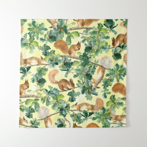 Watercolor squirrels oak seamless pattern tapestry