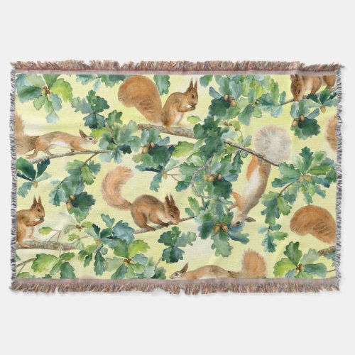 Watercolor squirrels oak seamless pattern throw blanket