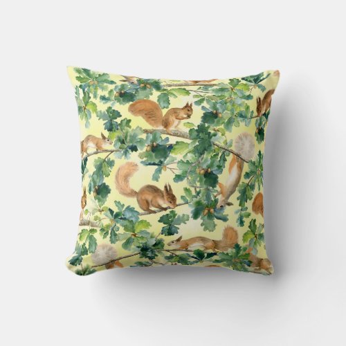 Watercolor squirrels oak seamless pattern throw pillow
