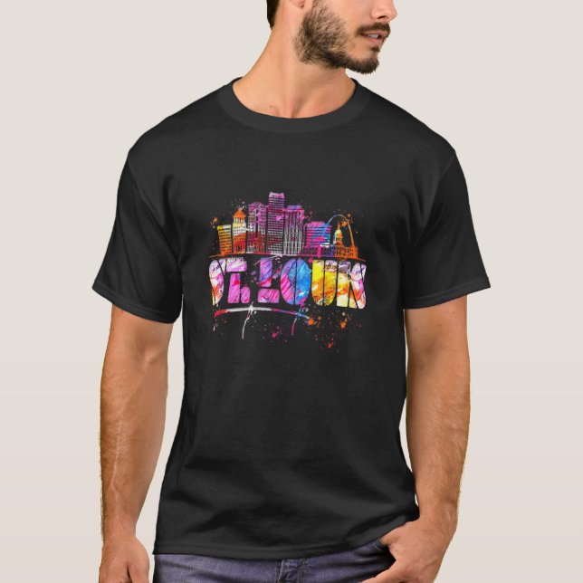 Watercolor St Louis Skyline  St Louis Lettering T-Shirt (Front)
