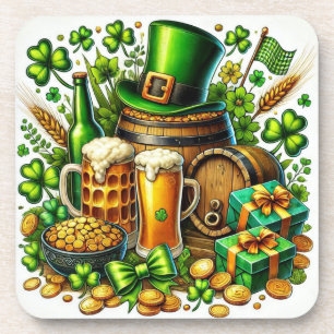 Watercolor St Patrick's Day Beer, Coins & Shamrock Beverage Coaster