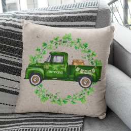 Watercolor St. Patrick&#39;s Day Green Truck Clover  Throw Pillow