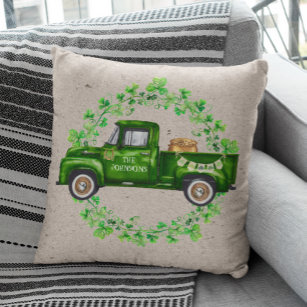 Watercolor St. Patrick's Day Green Truck Clover  Throw Pillow