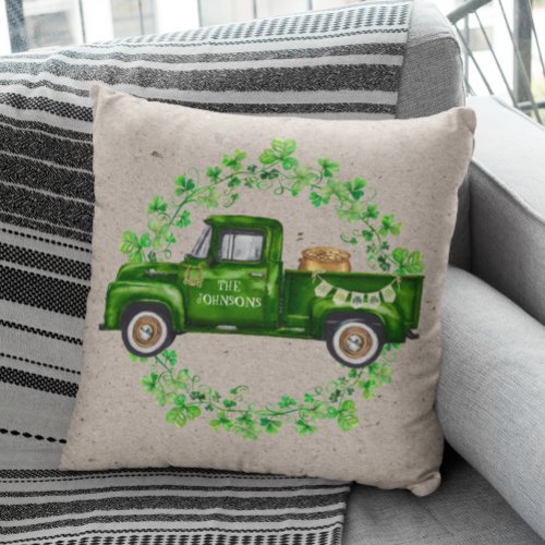 Watercolor St Patricks Day Green Truck Clover  Throw Pillow