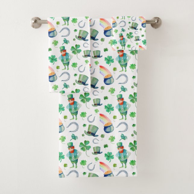 Watercolor St. Patrick's Day Pattern Bath Towel Set (Insitu)