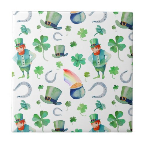 Watercolor St Patricks Day Pattern Ceramic Tile