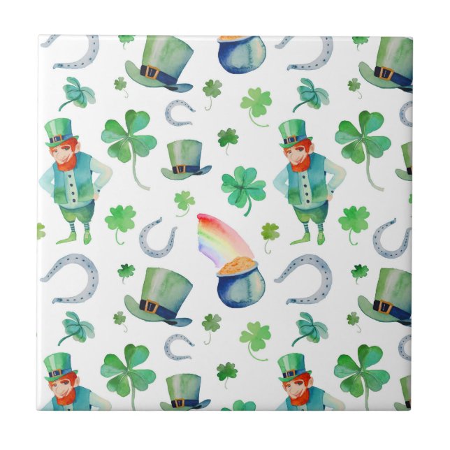 Watercolor St. Patrick's Day Pattern Ceramic Tile (Front)
