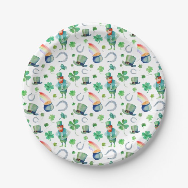 Watercolor St. Patrick's Day Pattern Paper Plates (Front)