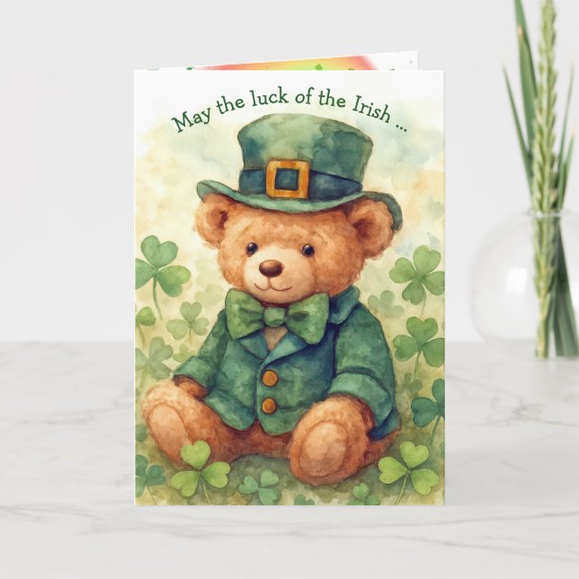Watercolor St. Patrick's Day Teddy Bear  Card (Front)