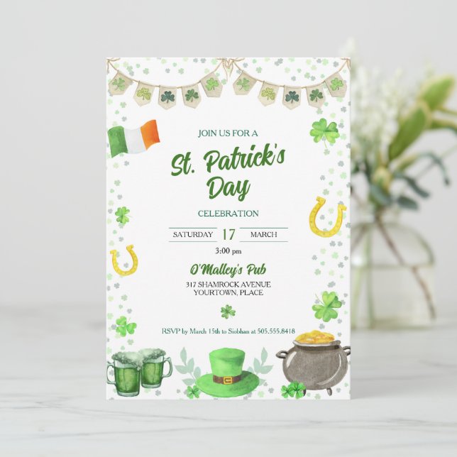 Watercolor St Patricks Party Invitation (Standing Front)