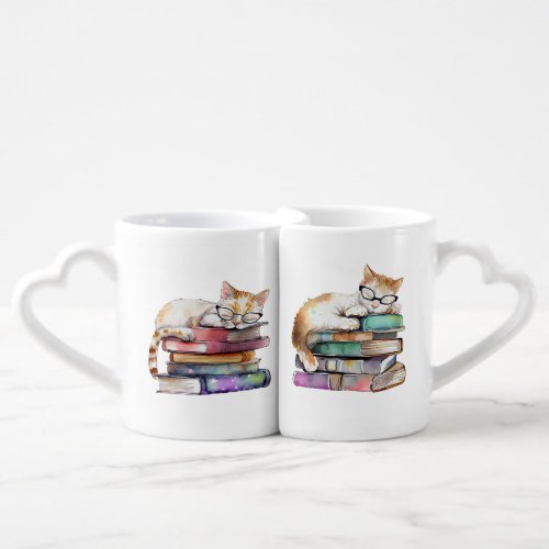 WATERCOLOR STACK OF BOOKS WITH SLEEPING CAT COFFEE MUG SET