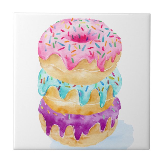 Watercolor stack of donuts ceramic tile (Front)