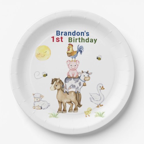 Watercolor Stacked Farm Barnyard Animals Birthday  Paper Plates