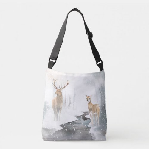 Watercolor Stag and Deer Winter Wonderland Crossbody Bag