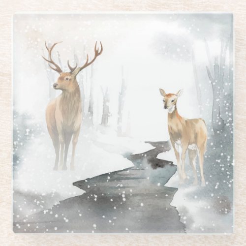 Watercolor Stag and Deer Winter Wonderland Glass Coaster