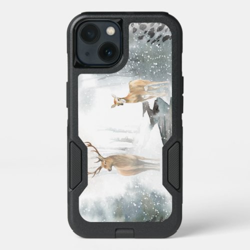 Watercolor Stag and Deer Winter Wonderland iPhone 13 Case