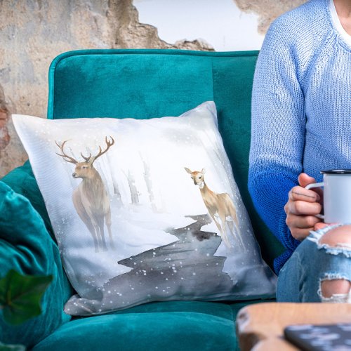 Watercolor Stag and Deer Winter Wonderland Throw Pillow