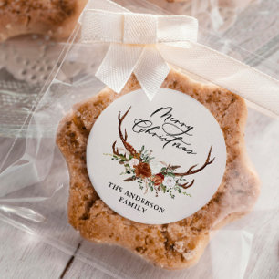 watercolor stag floral merry christmas classic round sticker