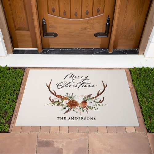 watercolor stag floral merry christmas doormat