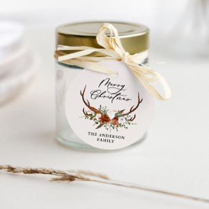 watercolor stag floral merry christmas favor tags